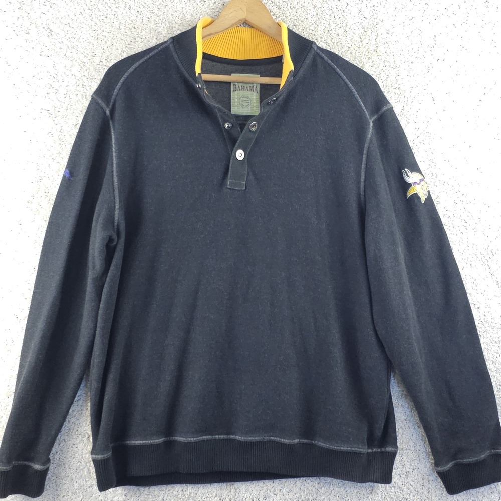 Tommy Bahama MN Vikings Henley Snap Button Pullover Sweater Size XL Purple SKOL